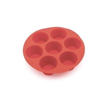 Imagem de Forma de Silicone para Cupcake, 7 Cavidades, Vermelha e Cinza, Antiaderente, 18cm Diâmetro, Compatível com Air Fryer, Micro-ondas e Forno