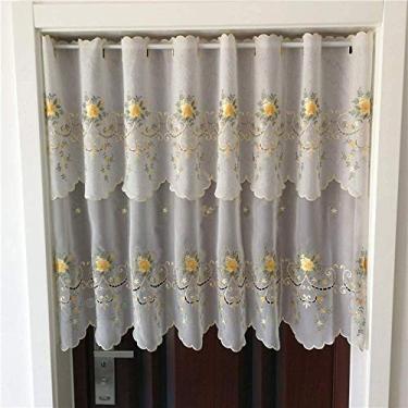 Imagem de Cortina branca pequena translúcida meia cortina transparente design de cozinha cortinas bordadas vegetais curto para café da manhã, 90 * 150 cm