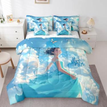 Imagem de Jogo de cama solteiro, 7 peças, castelo de princesa, borboleta, céu e nuvem, azul, reversível + lençol de cima + lençol com elástico + 2 fronhas + 2 fronhas