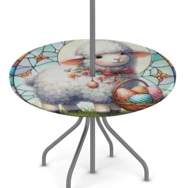 Imagem de hongjinglin Toalha de mesa de Páscoa para uso ao ar livre com orifício para guarda-chuva, toalha de mesa redonda elástica com zíper, impermeável, limpável, para piquenique, festa, pátio, serve para