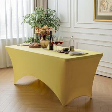 Imagem de FOLINS&HOME Toalha de mesa retangular amarela de 1,2 m com elástico, resistente à água, lavável e lavável para mesas dobráveis de 1,2 m, toalha de mesa elástica para casamentos, banquetes, festas