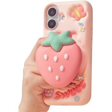 Imagem de TUFTA Linda capa de telefone 3D morango pop-up com suporte e aderência para iPhone 17, Kawaii Girly silicone fruta capa para meninas e mulheres, rosa