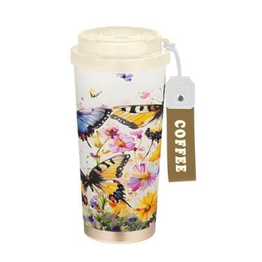 Imagem de SEHANY Caneca de viagem borboleta e flores de 482 ml Copos de café reutilizáveis revestidos de cerâmica com tampa à prova de vazamento, parede dupla, isolamento a vácuo, copo de café de aço inoxidável