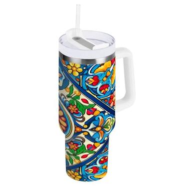 Imagem de Blueangle Copo isolado de 1,134 g com alça e tampa de canudo - Caneca de viagem de aço inoxidável à prova de vazamento, garrafa de água de cerâmica mexicana a vácuo de parede dupla (620)