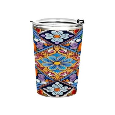 Imagem de Blueangle Copo de 340 g com tampa e canudo, copo de café com água isolada a vácuo de aço inoxidável, caneca térmica de cerâmica mexicana para bebidas quentes e frias (153)