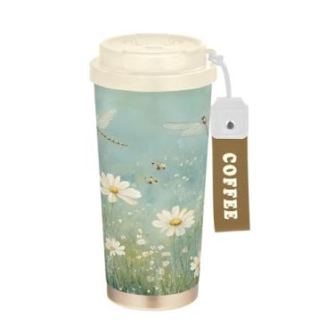 Imagem de SEHANY Caneca de viagem Green Grasses Wildflower 482 g Copos de café reutilizáveis revestidos de cerâmica com tampa à prova de vazamento, parede dupla, isolamento a vácuo, copo de café de aço