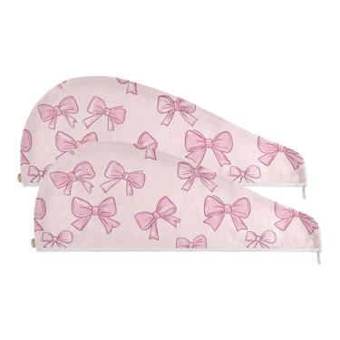 Imagem de SEHANY Toalha de cabelo de microfibra com laço rosa aquarela para mulheres, 2 peças, turbantes de cabelo de secagem rápida com botão, touca de cabelo seco absorvente toalha de secagem de cabelo para