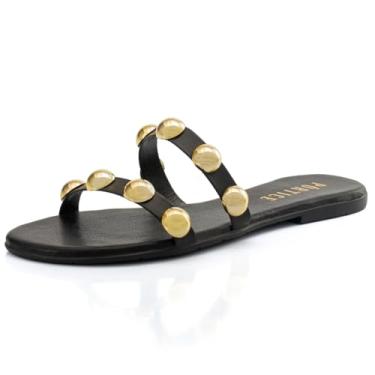Imagem de Sandalia Rasteirinha Feminina Rasteira Flat Flatform Enfeite Metal Brilho Metalizado (Preto, BR, Adulto, Numérico, 36)