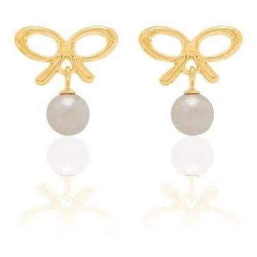 Imagem de Brincos Rommanel Fol Ouro 18k Formado Por Laço Pérola 523949, Dourado