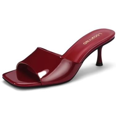 Imagem de Lookyno Sandálias femininas de salto gatinho quadradas, bico aberto, mules, salto agulha de 5 cm, sexy, sem cadarço, para festas casuais, Vermelho, 40