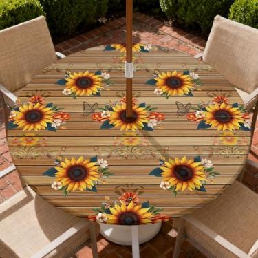 Imagem de Yesad Toalha de mesa redonda para uso ao ar livre com orifício para guarda-chuva, toalha de mesa com zíper e borda elástica, capa de toalha de mesa à prova d'água para piqueniques, serve para mesa