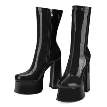 Imagem de Perisis Botas femininas plataforma GoGo cano curto salto alto bico redondo botas de couro com zíper botas modernas, Patente preta, 39