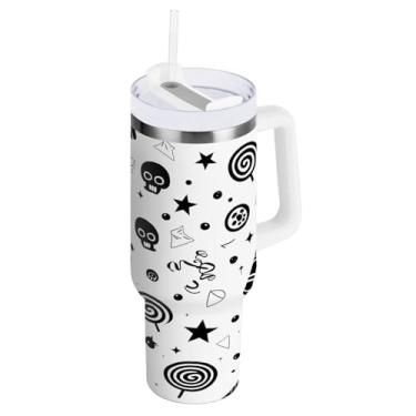 Imagem de STAYTOP Copo de pirulito de caveira de 1,134 g com tampa e canudo, copo isolado de aço inoxidável durável à prova de vazamento com alça, garrafas de água à prova de derramamento para viagens