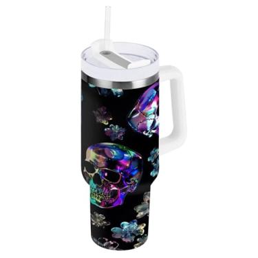 Imagem de Kigai Copo de caveira bonito de 1,134 g com tampa e canudo, copo isolado de aço inoxidável durável à prova de vazamento com alça, garrafas de água à prova de derramamento para viagens
