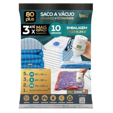 Imagem de Kit Saco a Vácuo 80 Plus Baú PREMIUM – 10 Unidades (M/G/XG) | + Bomba Eletric Sug Organize e Ganhe Espaço NOVO