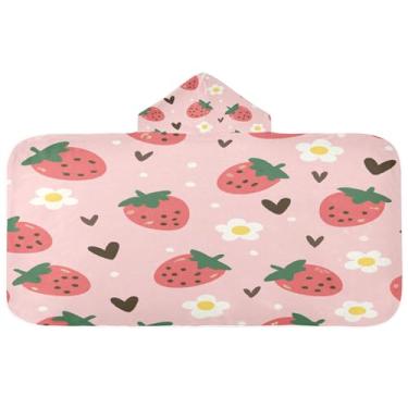 Imagem de Burbuja Toalha de banho com capuz morangos para crianças, toalha de praia de pelúcia macia absorvente para chá de meninas e meninos 3-10 anos, 61 x 127 cm