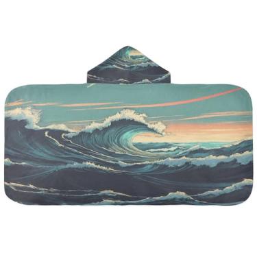 Imagem de Burbuja Toalha de banho com capuz Sea Wave para crianças, toalha de praia de pelúcia macia absorvente para chá de meninas e meninos 3-10 anos, 61 x 127 cm