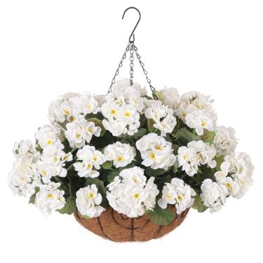 Imagem de INSPRING Cesta suspensa de flores artificiais de gerânios para decoração externa de primavera, 8 pacotes de flores de seda com aparência real resistente a UV para varanda, casa, pátio, varanda