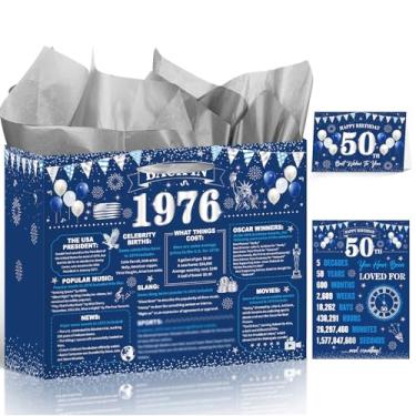 Imagem de Wxiben Bolsa de presente de aniversário de 50 anos - decorações de 50 anos, bolsa de embrulho de presente prata azul com alças cartaz de cartão de felicitações para mulheres e homens de 50 anos