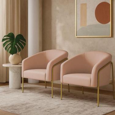 Imagem de Poltrona Sala Industrial Alta Dourado Kit 2 Stella Veludo Rosê D03 - D