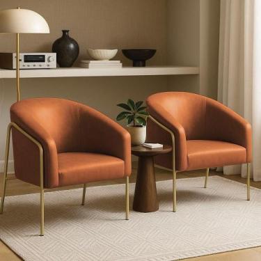 Imagem de Poltrona Sala Industrial Alta Dourado Kit 2 Stella Sintético Pu Nozes 