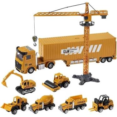 Imagem de Kit Brinquedo Construção Civil, Caminhão Container com Guindaste 41,5cm, 8 Mini Veículos, Escavadeira, Betoneira visite nossa loja Leo Top Store