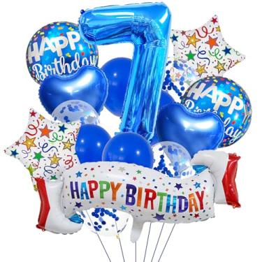 Imagem de Conjunto de decoração de 7º aniversário, balão de 7º coração azul, balão colorido de feliz aniversário de 7 anos para meninas, meninos, crianças, adultos, artigos de festa, meninos azul número 7