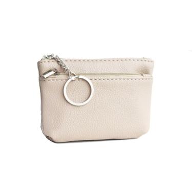 Imagem de Mini porta-moedas com chaveiro pequeno zíper carteira curta bolso para cartão PU couro bolsa para moedas ao ar livre (bege)