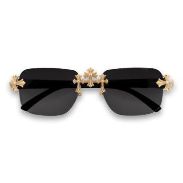 Imagem de ICE STAR Óculos de sol clássicos sem aro com cruz tripla – Sombras de design sem moldura para homens e mulheres, presente de moda urbana de luxo, Dourado, preto