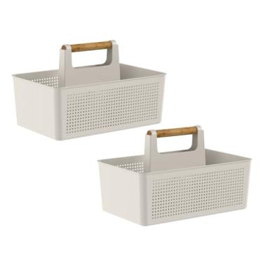 Imagem de Kit 2 Organizadores Multiuso Flow OU com Divisória Interna e Alça em Bambu – Bege | Cesto Organizador Ideal para Produtos de Limpeza, Escritório e Organização da Casa