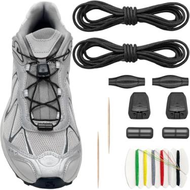 Imagem de Lacesgian Kits de cadarços sem amarração 5/64" (2 mm) redondos finos, sistema de bloqueio rápido de 137 cm de comprimento, cordões de substituição para sapatos, Preto, 54"/140cm