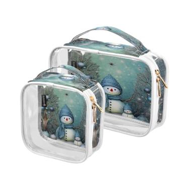 Imagem de GAIGEO Conjunto de bolsas cosméticas transparentes de conchas e estrelas do mar em azul e cinza, bolsa cosmética transparente, acessórios de viagem, pacote com 2, Árvores de Natal em azul e verde com