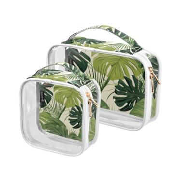 Imagem de GAIGEO Conjunto de 2 bolsas de maquiagem transparentes para Halloween com abóboras e estrelas, bolsa de higiene pessoal de plástico transparente, Folhas e plantas tropicais tropicais - 1, one size