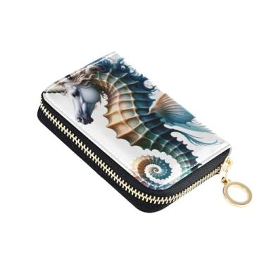 Imagem de Carteira feminina com protetor de cartão de crédito com bloqueio de RFID, zíper pequeno com chaveiro, cavalo marinho, unicórnio