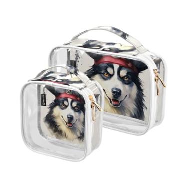 Imagem de GAIGEO Lindo cão Husky usando um chapéu de pirata, bolsa de maquiagem aprovada pela Tsa, bolsas de cosméticos transparentes com zíper para viagens, bolsa de higiene de viagem para mulheres, pacote com