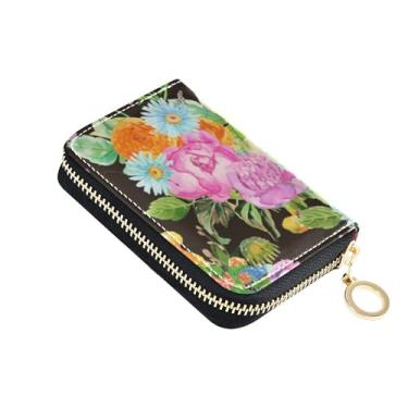 Imagem de Carteira feminina minimalista pequena com bloqueio de RFID para cartões de crédito, flores vintage, carteira colorida com zíper e bolso para moedas