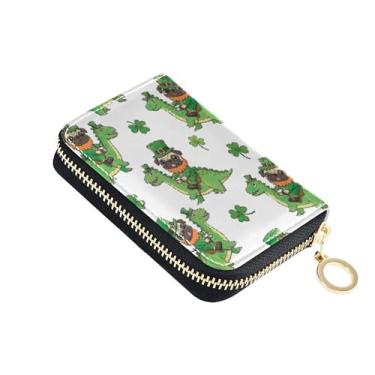 Imagem de Carteira feminina com suporte para cartão de crédito com bloqueio de RFID, pequena carteira de couro com zíper com bolso para moedas, pugs verdes, dinossauro, St