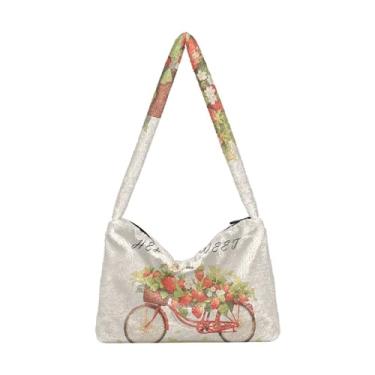 Imagem de Bolsa de pelúcia vermelha bege tricolor premium cinza aquarela, bolsa feminina, bolsa de ombro feminina, Hello Sweet Red Strawberrys Bike, One Size