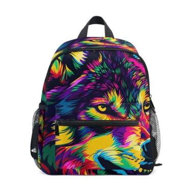 Imagem de GAIGEO Watercolor Wolf Head Print Toddler Mini Backpack with Whistle, Adjustable Chest Strap, Backpack for School Girls Lightweight & Compact for Ages 3-8