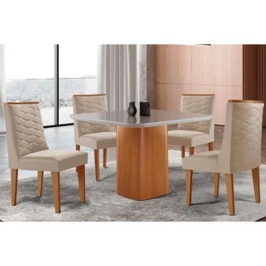 Imagem de Sala Jantar Mesa Maldivas Tampo c/ Vidro Curvo 90cm+4 Cadeiras Dafne Madeira Naturale/Off White - Capuccino/Suede Creme - Rufato