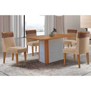 Imagem de Sala Jantar Mesa Pietá Tampo Curvo 120cm+4 Cadeiras Jaspe Madeira Naturale/Off White - Capuccino/Linho Bege - Rufato