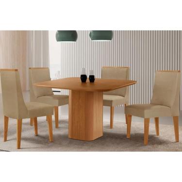 Imagem de Sala Jantar Mesa Maldivas Tampo Curvo 90cm+4 Cadeiras Dakota Madeira Naturale - Capuccino/Linho Bege - Rufato
