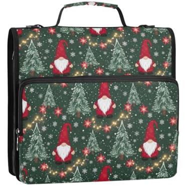 Imagem de Gnomos de Natal fofos organizadores de fichários vermelhos com zíper de 3,5 polegadas, 3 argolas, bolsa de fichário resistente com alça para portfólio escolar e suporte de pasta de anéis, 34,5 x 31,5