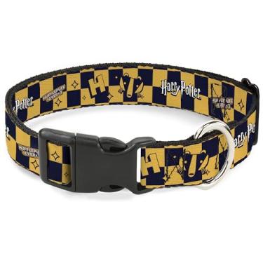 Imagem de Coleira de animal de estimação The Wizarding World of Harry Potter, coleira de cachorro, fivela de plástico, xadrez de ícones da Lufa-Lufa de Harry Potter, azul marinho, 38 a 61 cm de largura