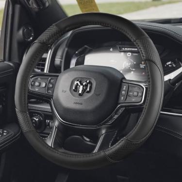 Imagem de KEAIDAP Capa de volante para Dodge RAM 1500, 2500, 3500 - Acessório automotivo de couro de microfibra premium com aderência antiderrapante, durabilidade robusta e atualização interna, 39.4-40.6 cm