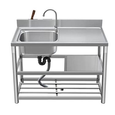 Imagem de Lava-louça de uso geral de pés, lava-louças de cozinha de restaurante comercial, tigela individual de aço inoxidável de pé, com banco de trabalho e prateleiras de armazenamento (tamanho: 100 cm, cor