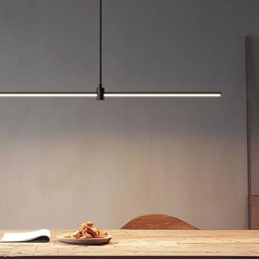 Imagem de Luminária pendente LED dimerizável para mesa de jantar, com controle remoto, design linear e altura ajustável, ideal para ilha de cozinha, sala de jantar e escritório. Cor: Preto (80 cm de c