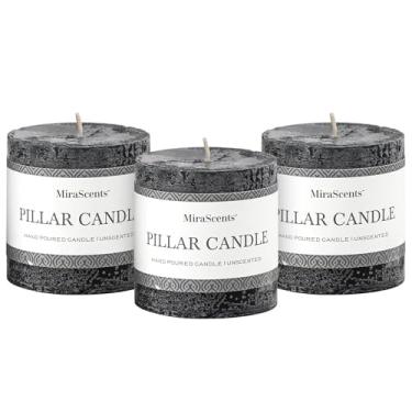 Imagem de Conjunto de 3 velas de pilar de 7,5 x 7,6 cm - Velas sem cheiro derramadas à mão, queima longa limpa, grande vela, vela sem gotejamento sem fumaça para mesa de jantar, casamento, casa, banheiro
