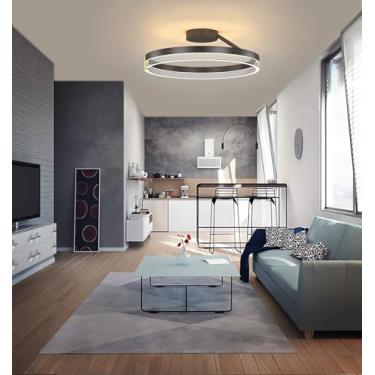 Imagem de Luminária de teto LED moderna para quarto, 50cm, redonda, preta, com detalhes dourados, dimerizável, com controle remoto, econômica, três cores de luz, ideal para sala de jantar, sala de est