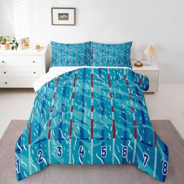 Imagem de Erosebridal Conjunto de cama de natação infantil, esportivo, para adolescentes, adultos, verão, com tema de natação, azul, para piscina, edredom com 1 fronha